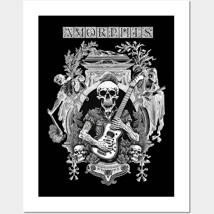 a black and white poster with an image of a skeleton holding a guitar in it