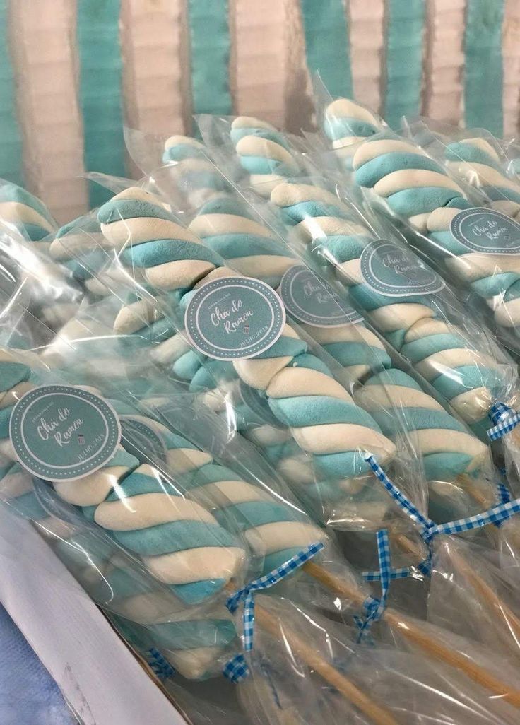 blue and white cookies wrapped in plastic wrappers