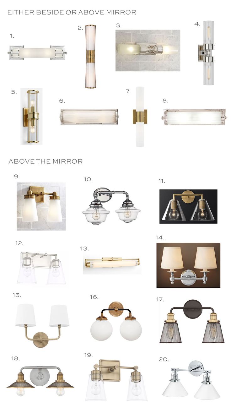 an image of bathroom lighting fixtures in various sizes and colors, including two lamps, one light