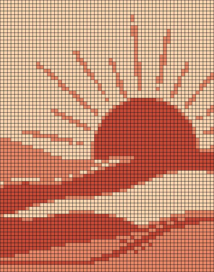 a cross - stitch pattern with the sun setting in the sky and red hills behind it