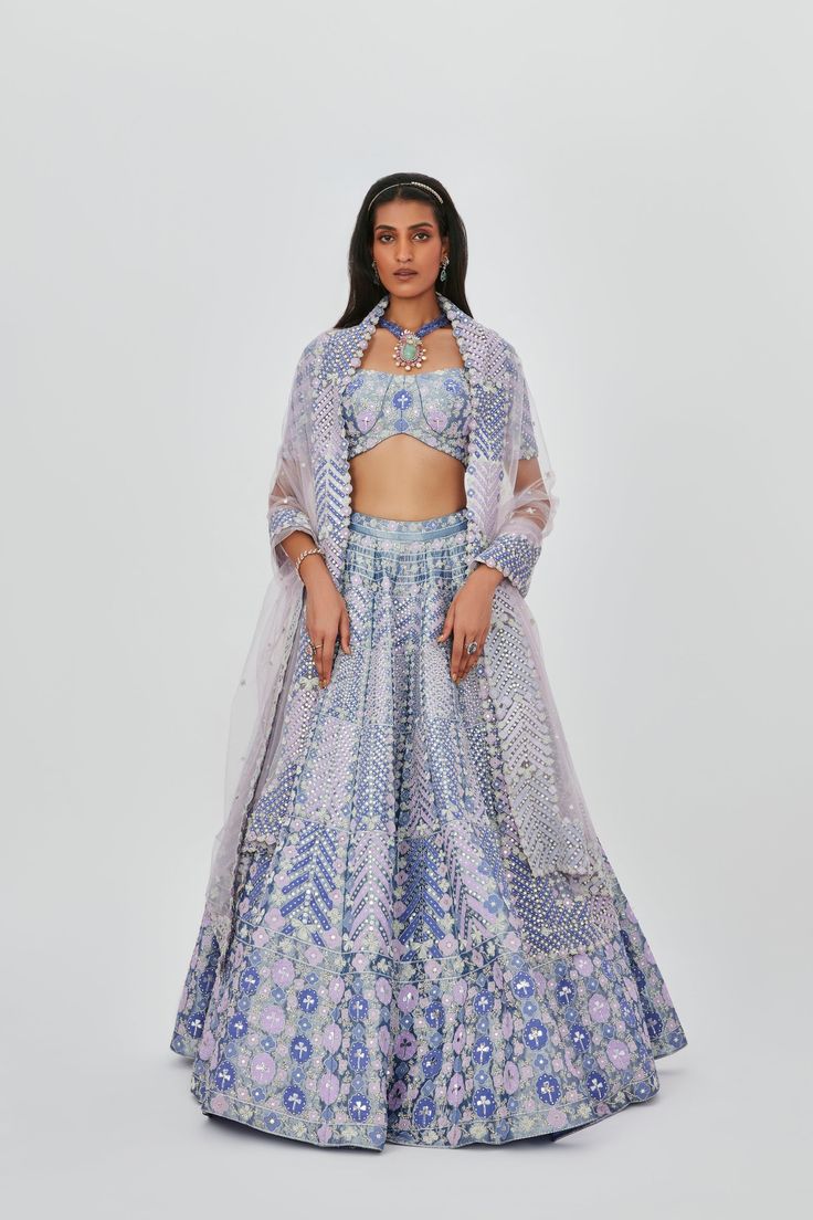 Periwinkle embellished heavy kali Tissue Mirror Work lehenga with broad lehenga border, blouse and broad border dupatta. DELIVERY TIMEPlease allow 6-8 weeks for your outfit to arrive. Professional cleaning only. Mirror Work Lehenga, Work Lehenga, Change Image, Mirror Work, Professional Cleaning, 8 Weeks, Body Measurements, Skirt Length, Lehenga