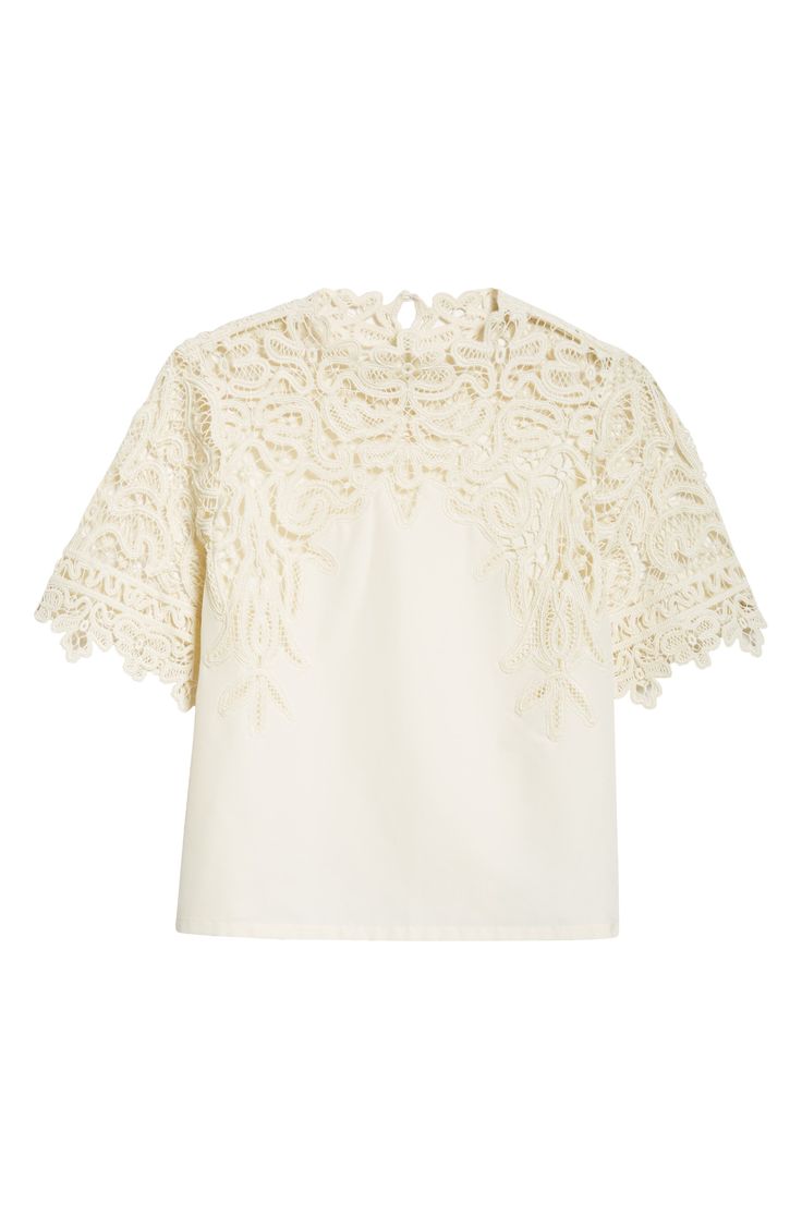 A graceful swirling pattern in guipure lace comprises the yoke and sleeves of this elegant cotton-and-silk top. 22" length (size 8) Back keyhole with button-and-loop closure Jewel neck Short sleeves 70% cotton, 30% silk Dry clean Imported Feminine Evening Tops With Lace Trim, Elegant Lace Top With Lace Collar, Chic Wedding Blouse With Lace Patchwork, Elegant White Crochet Top With Lace Sleeves, Chic Fitted Cotton Lace Tops, Chic Cotton Lace Top, Elegant Lace Blouse With Lace Work, Elegant Formal Tops With Lace Patchwork, Elegant Lace Blouse