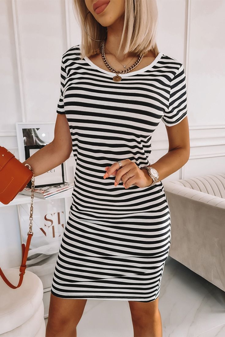 Striped Short Sleeve Midi T Shirt Dress Chic Striped Short Sleeve Mini Dress, Chic Striped Mini Dress With Short Sleeves, Casual Stretch T-shirt Dress For Summer, Chic Fitted T-shirt Dress For Spring, Chic Spring Midi Dress With Crew Neck, Fitted Mini Length T-shirt Dress For Summer, Summer Crew Neck Dress For Day Out, Summer Day Out Crew Neck Dress, Casual Striped Mini Dress For Spring