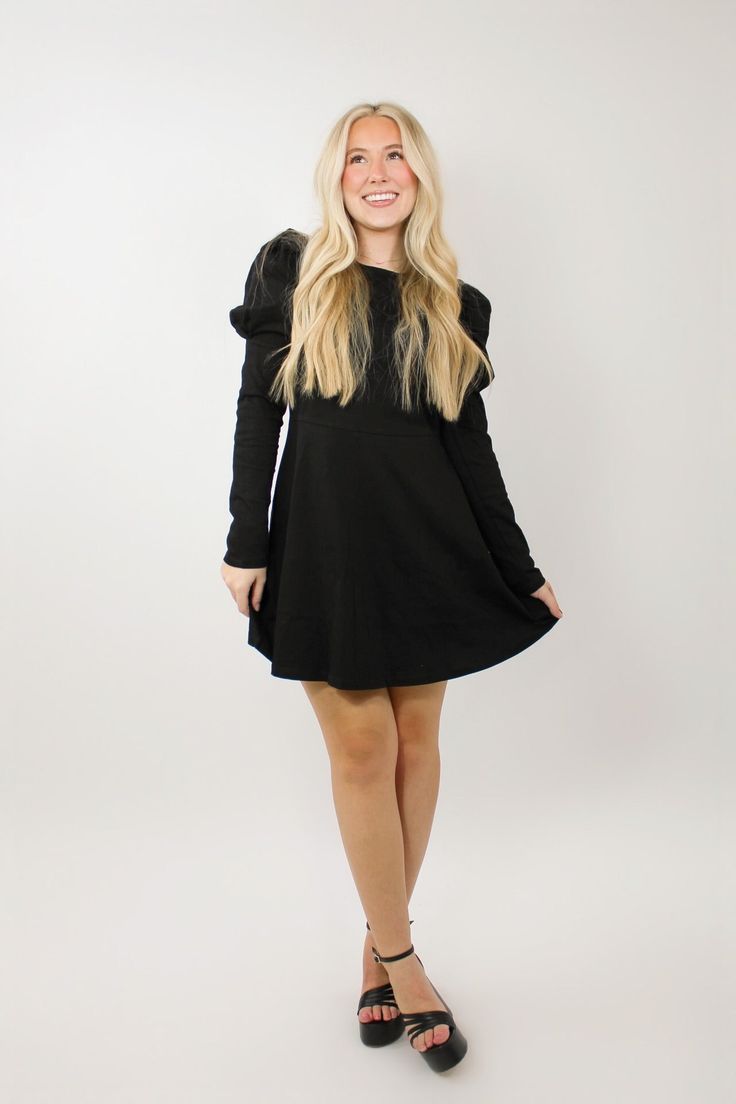 Rachel is 5'3 wearing a size small - Black long sleeve - Puff-sleeve - True to size Black Fit And Flare Long Sleeve Mini Dress, Black Mini Dress With Lantern Sleeves And Ruffles, Black Long Sleeve Baby Doll Dress, Chic Black Mini Dress With Gathered Sleeves, Black V-neck Mini Dress With Gathered Sleeves, Long Puff Sleeves, Mini Dress With Sleeves, Black Long Sleeve, Puff Sleeve