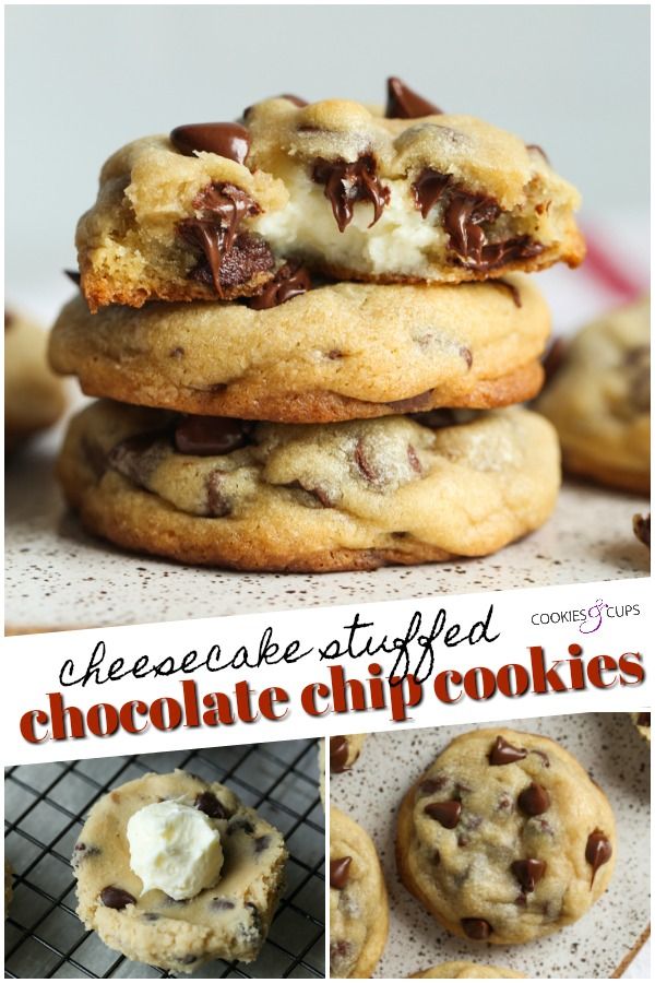 chocolate chip cookies are stacked on top of each other with the words, cheesecake stuffed chocolate chip cookies