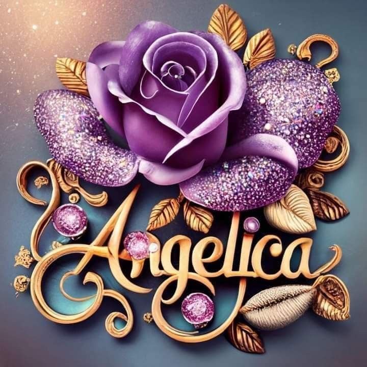 a purple rose on top of the word'angelica'in gold and diamonds