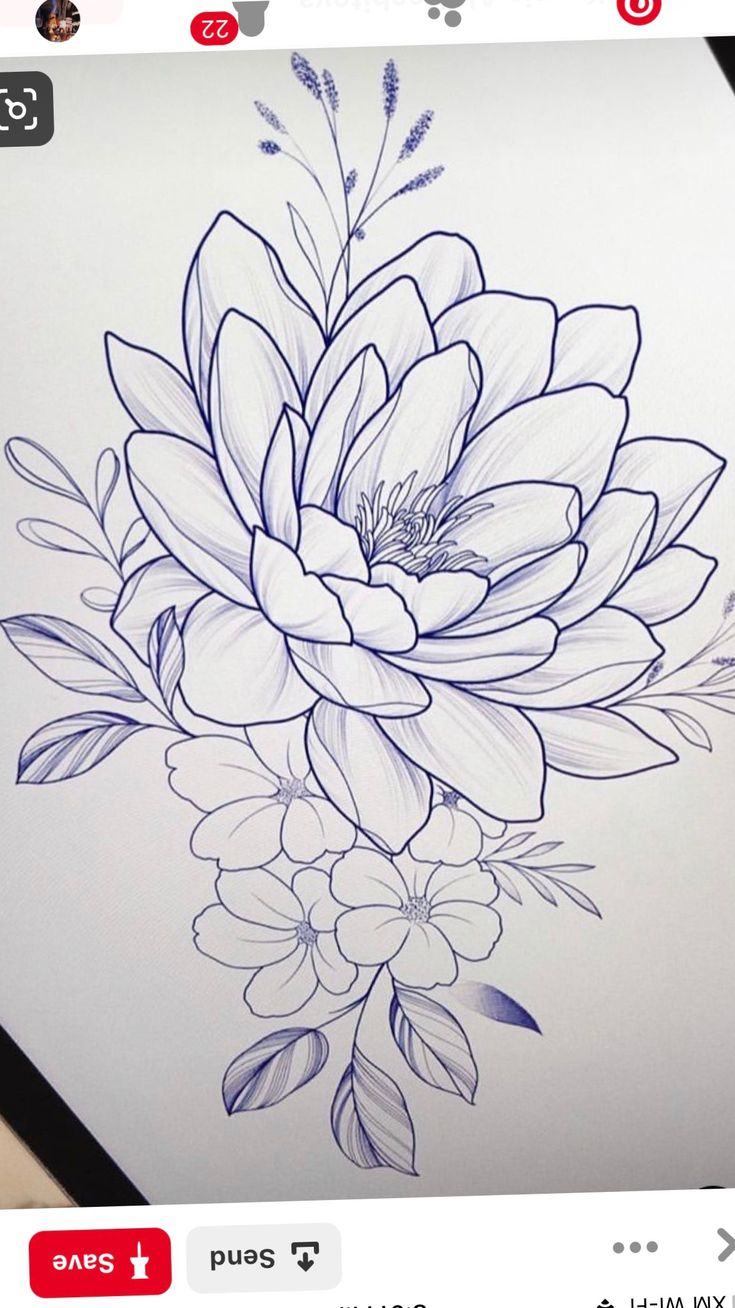 a drawing of a flower with leaves and flowers on the back of it, in blue ink