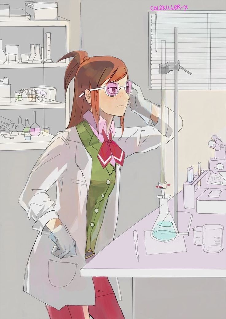 a woman in a lab coat is holding a flask