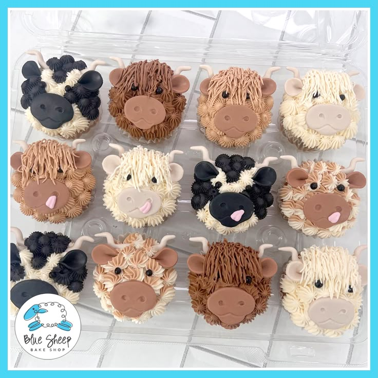 cupcakes decorated with farm animals are on a clear plastic tray in front of a blue and white background