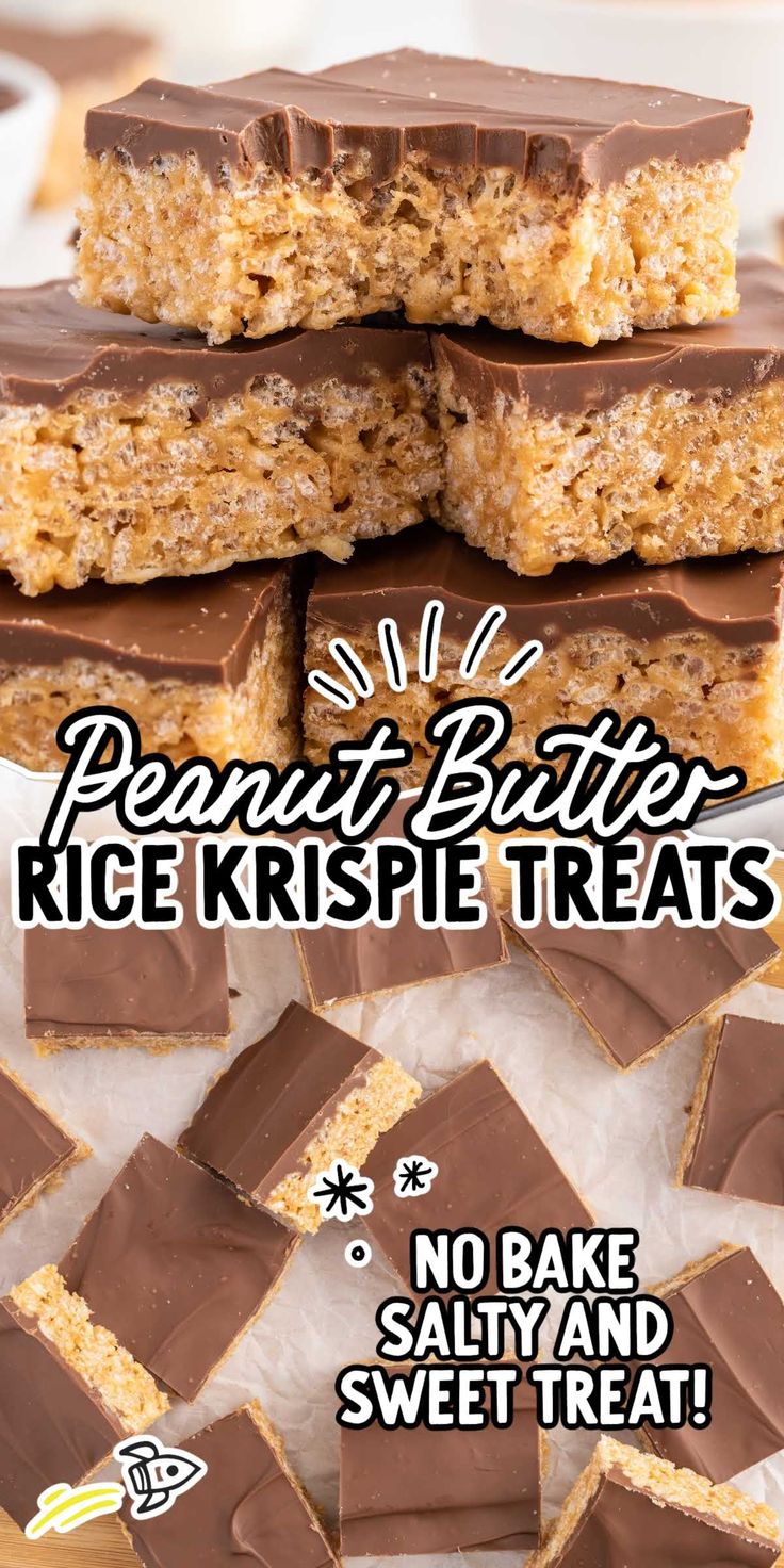 peanut butter rice krispie treats stacked on top of each other with text overlay