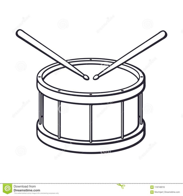 a drum and two drumsticks on a white background