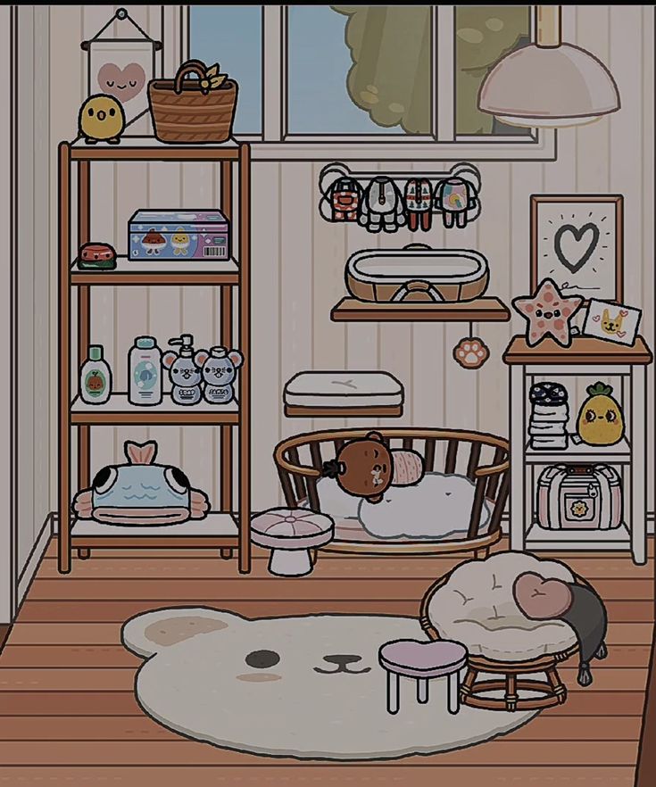 an animated image of a child's room with shelves and toys on the wall