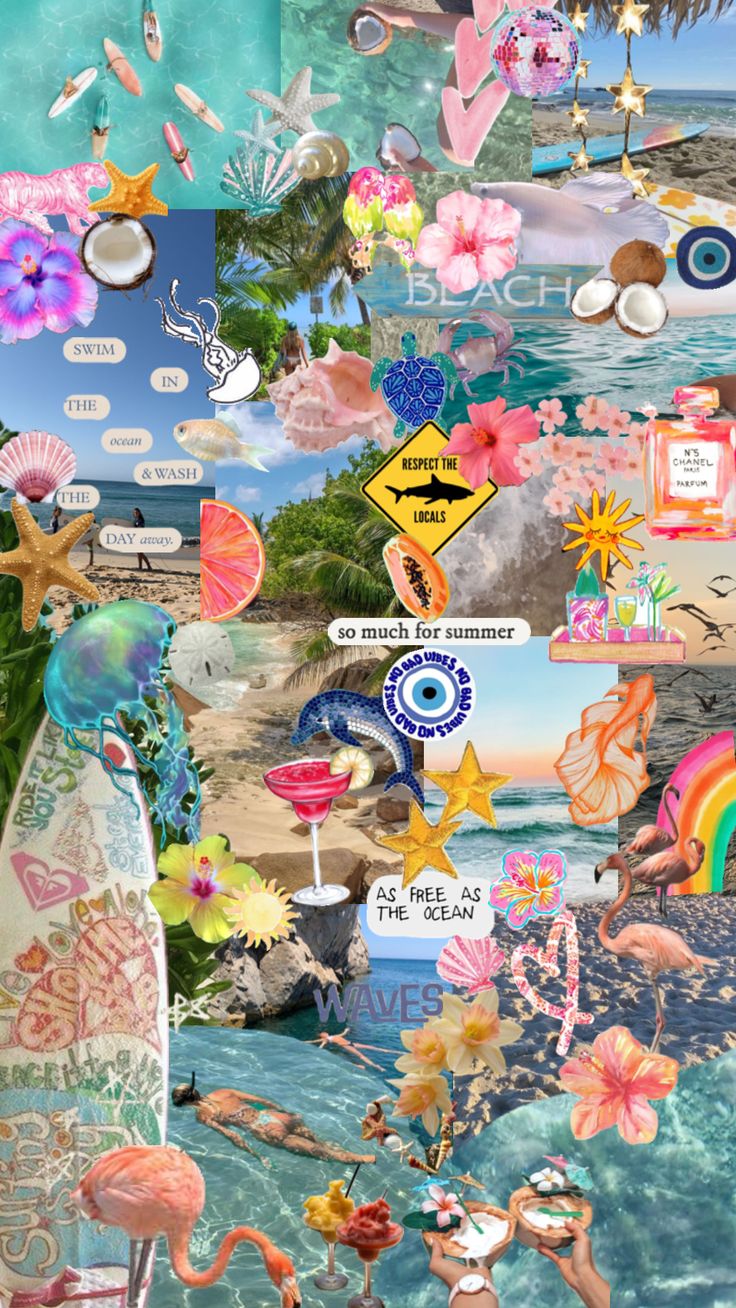 the collage is made up of many different items and colors, including pinks, blue