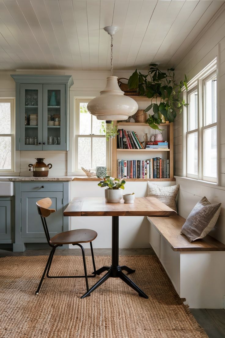 A breakfast nook with built-in bench seating along a straight wall, featuring a wooden table, minimalist chair, and a bookshelf filled with plants and books. Shelves Breakfast Nook, Floating Shelves Breakfast Nook, Tiny Home Breakfast Nook, Corner Breakfast Nook With Shelves, Exposed Brick Breakfast Nook, Breafast Nook With Storage, Unique Breakfasts, Design A Space, Kitchen Nook