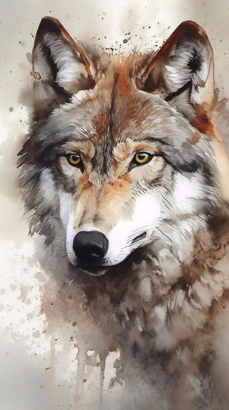 a painting of a wolf with yellow eyes