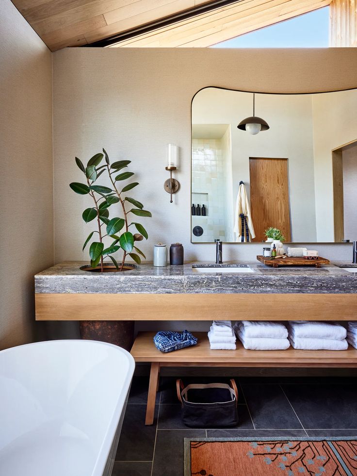 a bathroom with a sink, mirror and bathtub next to a plant in the corner