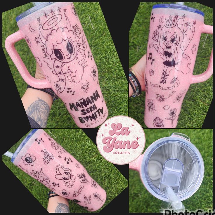 the pink cup has drawings on it