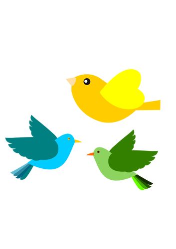 three birds flying in the air with one yellow and one green bird on its back