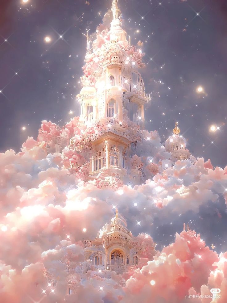 a very tall building surrounded by clouds and stars