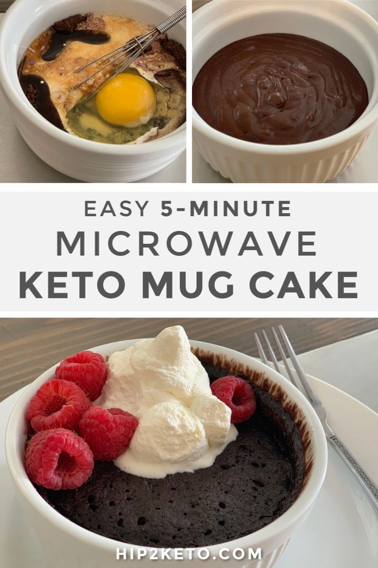 easy 5 - minute microwave keto mug cake with raspberries and whipped cream