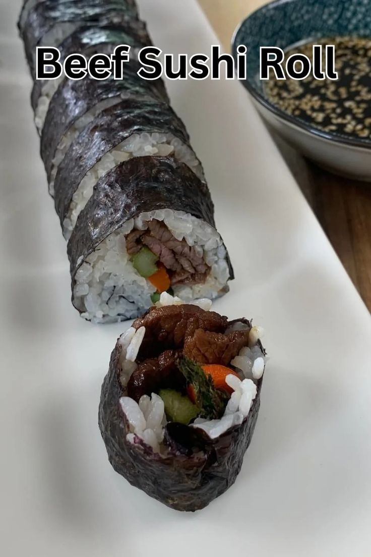 the sushi roll is cut in half and ready to be eaten