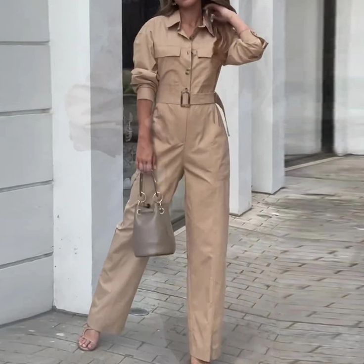 Lasaky - Exquisite High-Waisted Monochrome Wide-Leg Jumpsuit with Stylish Lapel High Waist Jumpsuit, Jumpsuit Fall, Floral Print Jumpsuit, Camisole Set, Fitted Jumpsuit, Short Sleeve Jumpsuits, Camisole Dress, Lace Camisole, Pant Length