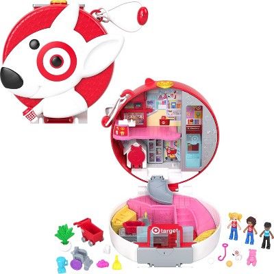 a red and white toy with lots of toys around it