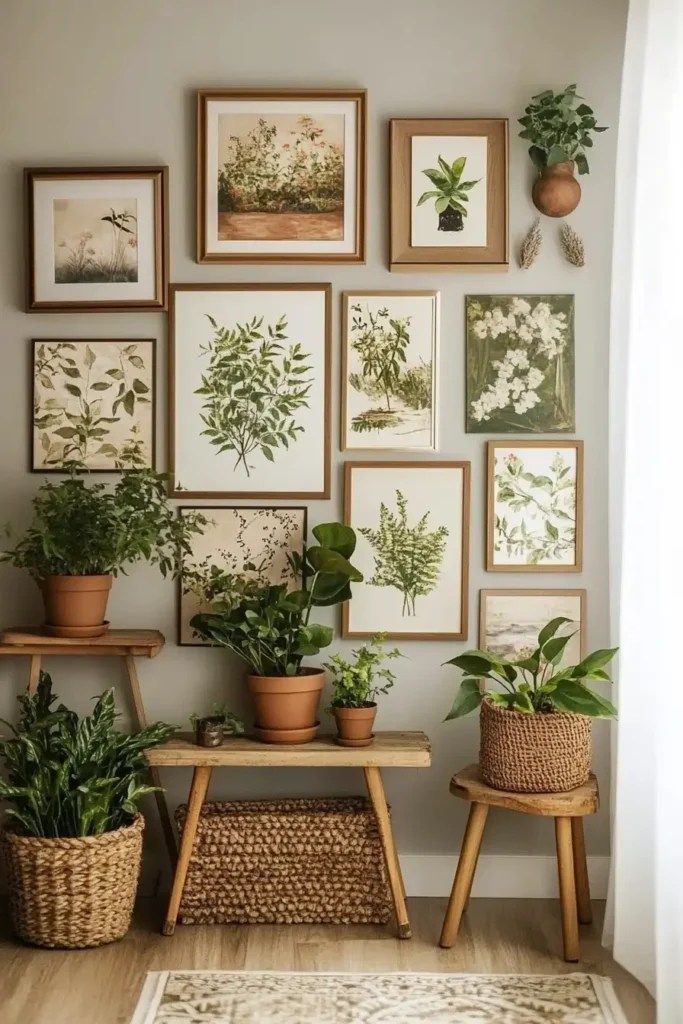 several potted plants are displayed on the wall