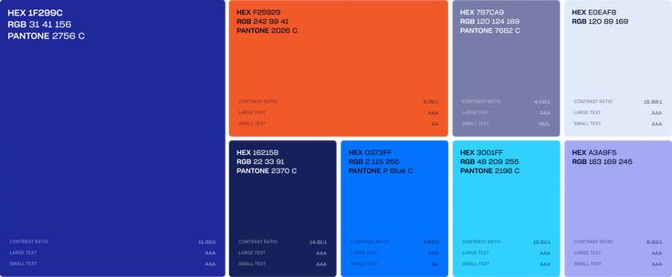 an image of the color scheme for different types of paint colors, including blue and orange