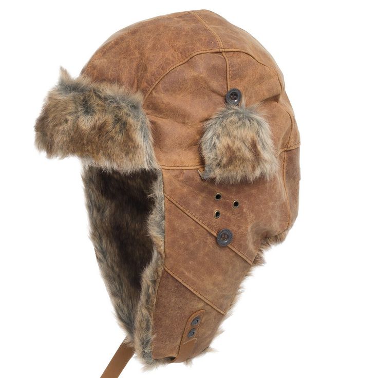 a brown leather hat with fur lining and ear flaps