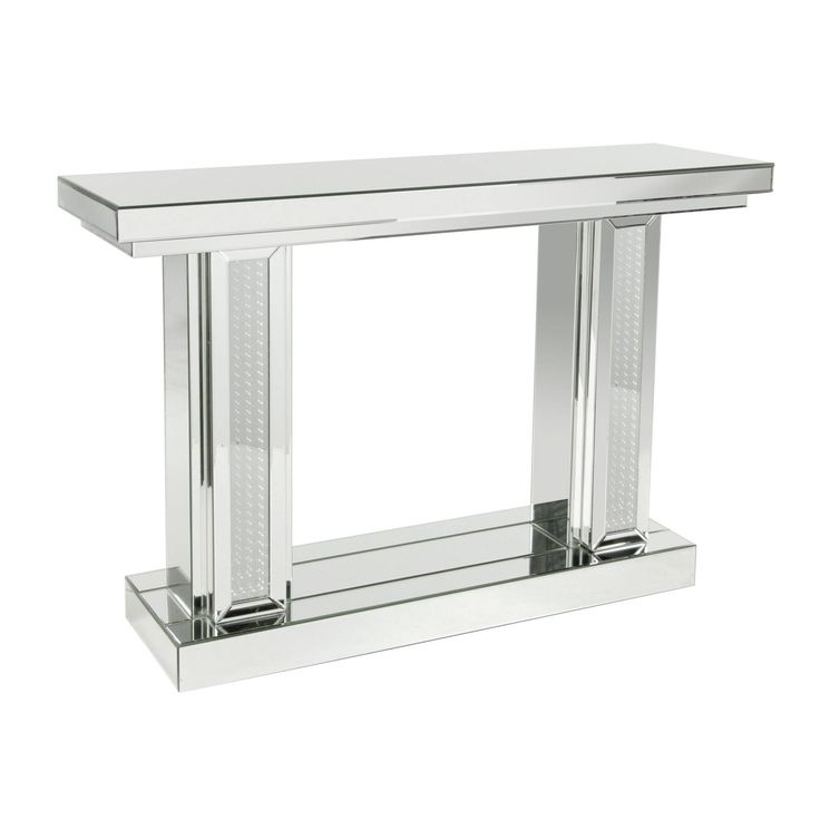 a mirrored console table with two legs and a glass shelf on the top, in chrome