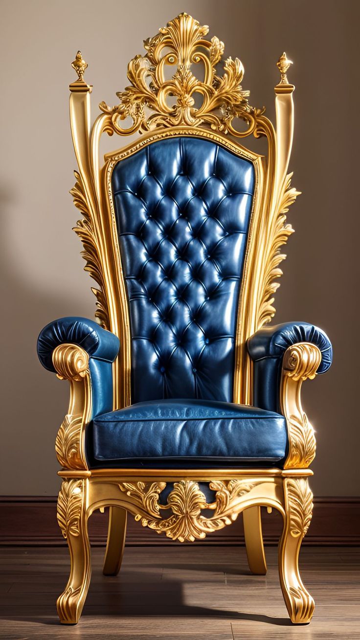 a blue and gold chair sitting on top of a hard wood floor next to a wall