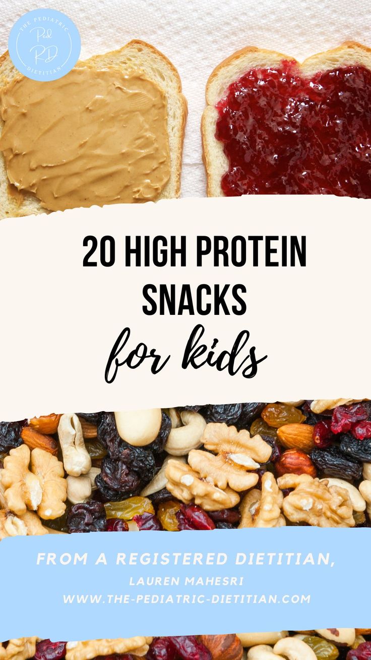 peanut butter and jelly sandwich with text overlay reading 20 high protein snacks for kids