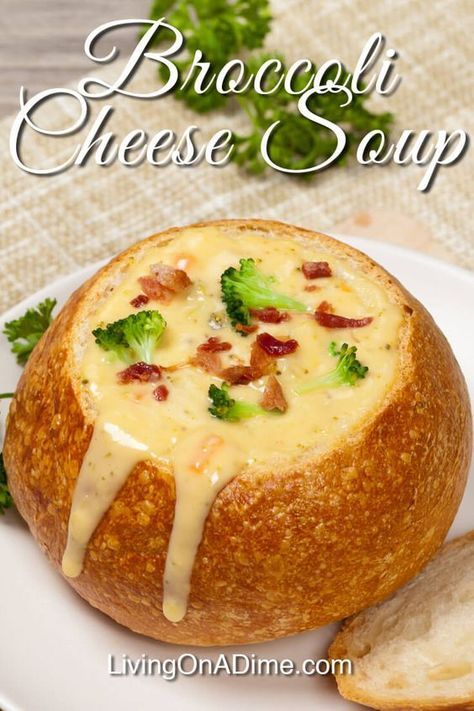 broccoli cheese soup in a bread bowl on a plate