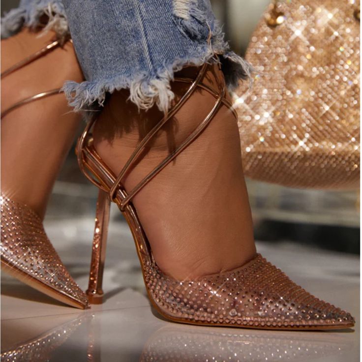 -Worn Once But In Excellent Condition -4.5 Inch Heel -Rose Gold Transparent Shoes, Rhinestone Pumps, Shoe Model, Miss Lola, Shoes Heels Classy, Cute Shoes Heels, Walk In My Shoes, Wrap Heels, Pointed Toe Heels