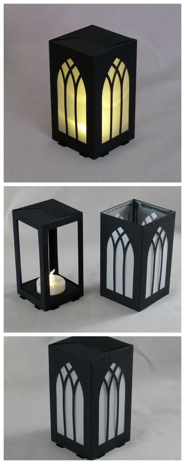 three different views of a candle holder made out of cardboard and paper with stained glass windows