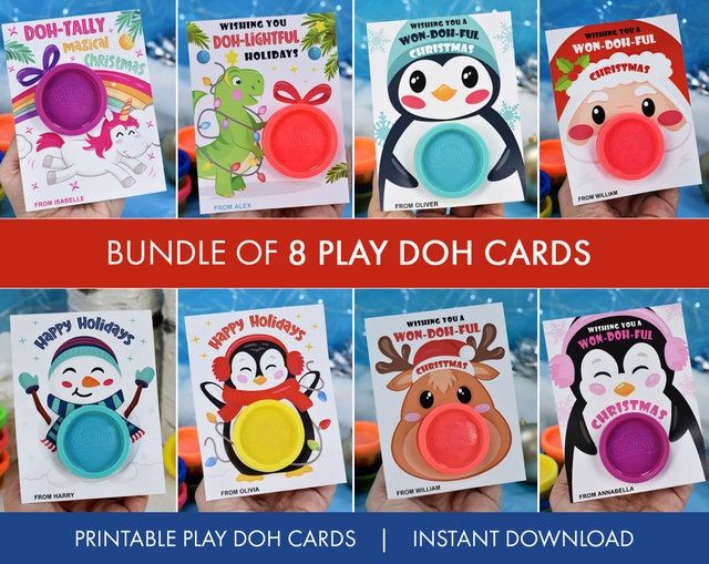 children's play doh cards with penguins and snowmen on them, all in different colors