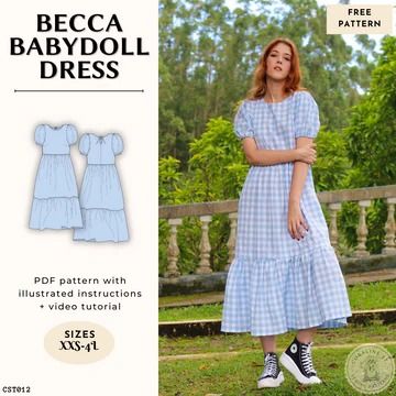 a woman in a blue dress with white checks on it and the words beca babydo