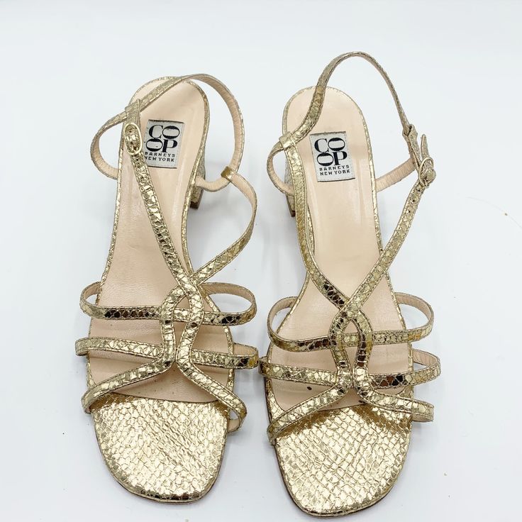 Gently Worn And In Great Condition. Gold Snakeskin Block Heel Ankle Buckle Gold Sandals Medium Width For Evening, Gold Sandals For Evening With Medium Width, Evening Gold Sandals, Gold Sandals Medium Width For Formal Occasions, Gold Medium Width Formal Sandals, Gold Sandals, Barneys New York, Snake Skin, Shoes Women Heels