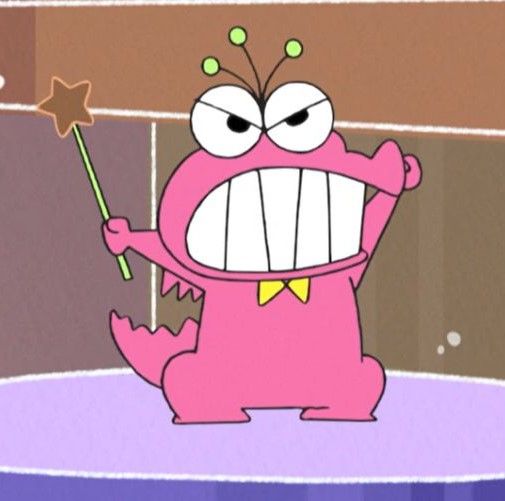 the pink monster is holding a wand in his hand and making a face with it's mouth wide open