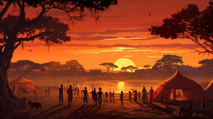 a painting of people standing in front of a lake with tents and trees at sunset