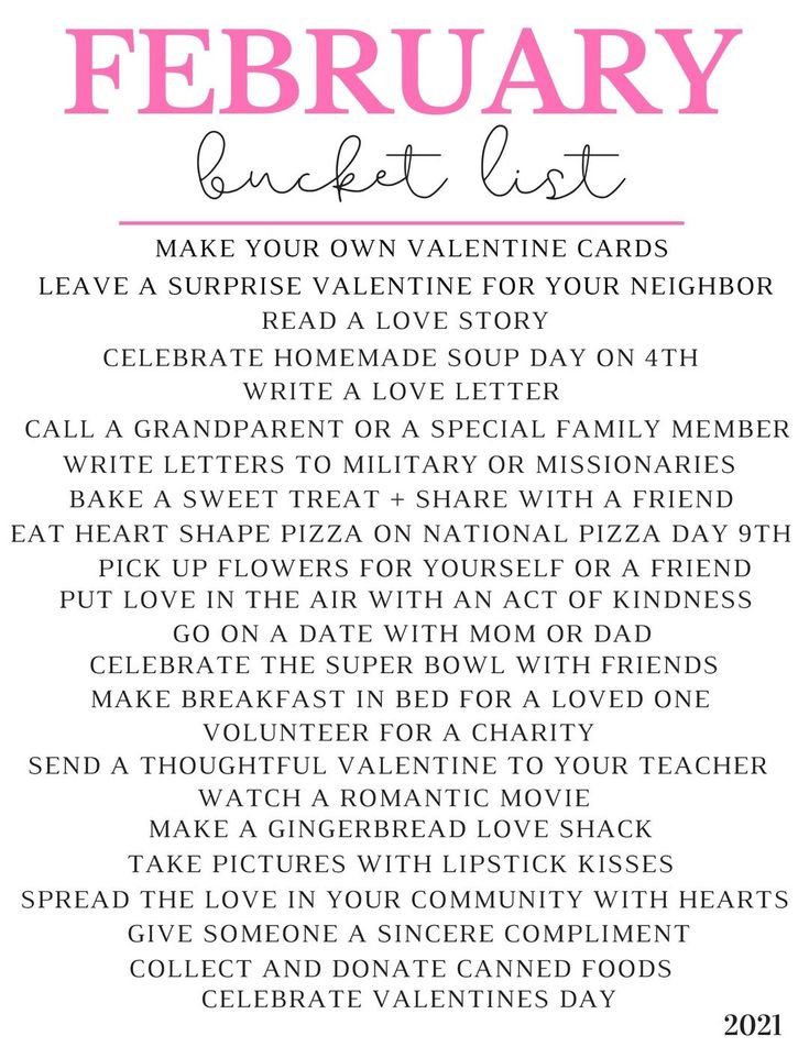 a pink and white photo with the words, february bucket list on it's side