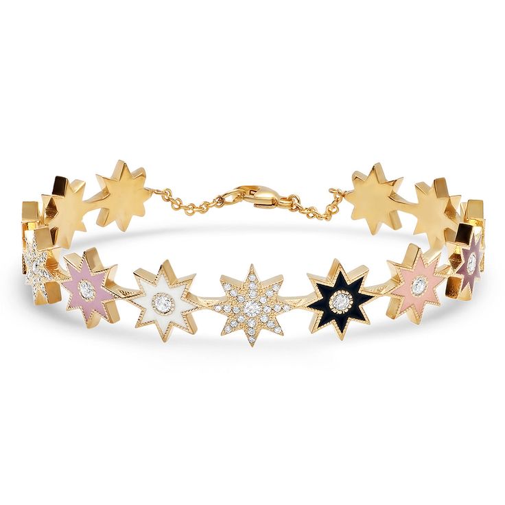 Twinkle Star Bracelet, 18K yellow gold (750/1000). Set with 0.70 carats of brilliant-cut white diamonds, color H-G, clarity VS1-VS2. Features lobster clasp fastening. Measurements: 5.2cm width. Available in three sizes: Small: 15.2cm - 16.5cmMedium: 16.5cm - 17.8cmLarge: 17.8cm - 19cm Yellow Bracelet, Gold Bracelet Set, Turquoise Ring Silver, Twinkle Star, 21st Gifts, Diamond Star, Star Bracelet, Yellow Gold Bracelet, Lovely Jewellery