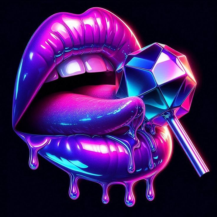 a purple lipstick with dripping liquid and a jewel on it's lip, next to a diamond