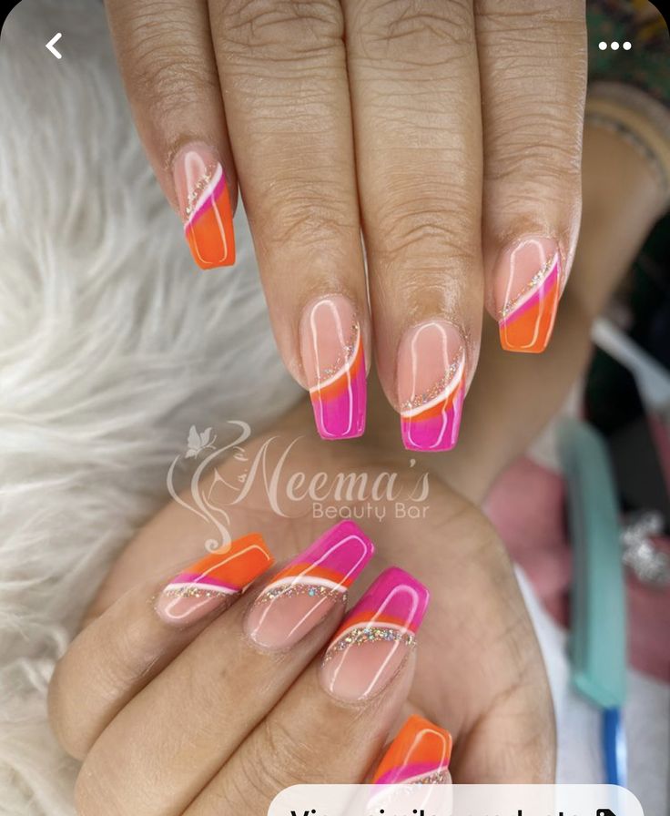 Orange Gel Manicure Ideas, Holiday Nails Orange And Pink, Coral Abstract Nails, Fushia And Orange Nails, Pink And Orange Holiday Nails, Hot Pink And Orange Nail Designs, Orange And Peach Nails, Pink And Coral Nails Summer, Orange Pink And White Nails