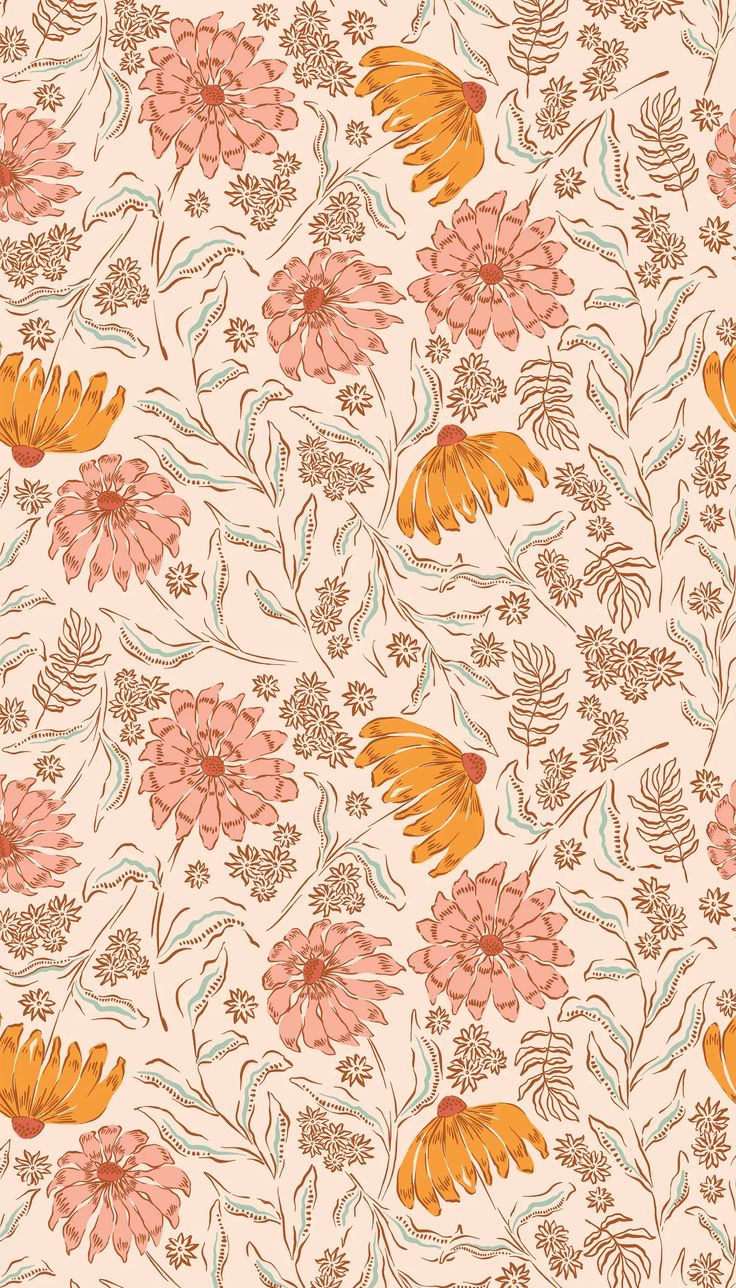 an orange and pink flower pattern on a beige background with green leaves in the middle