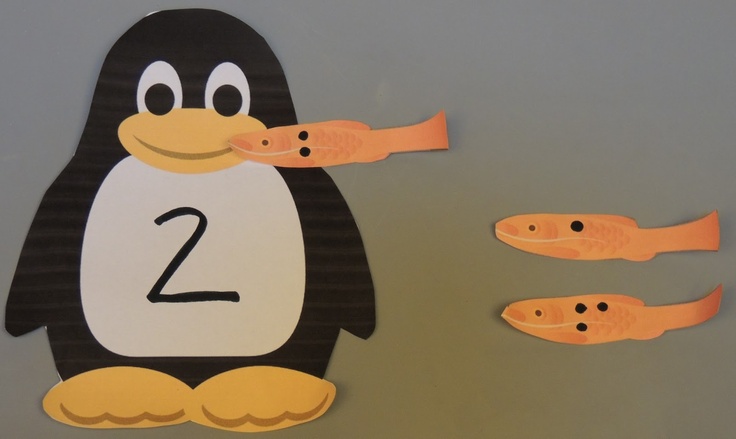 a penguin with numbers on it and five fish in front of it, as well as the number two