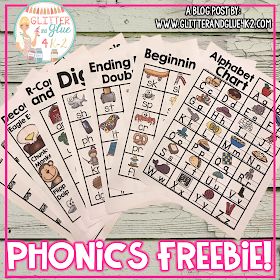 four printable phonics cards with the words phonics freebie on them