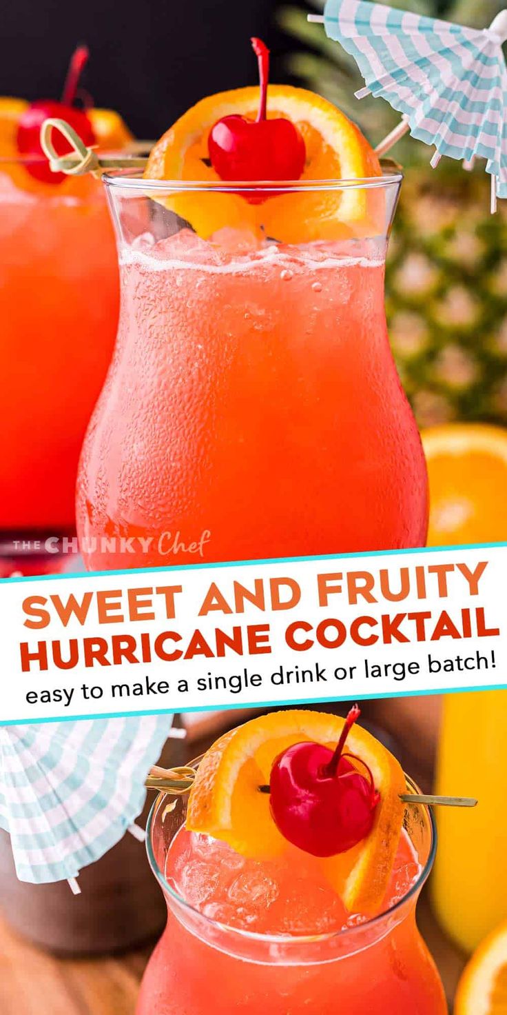 With just one sip, this Hurricane Cocktail will make you feel like you’re on an island vacation! Easy to make just a single drink, or scale it up for a party! #rum #cocktail #drink Rum Drinks Recipes, Cocktails Easy, Fruity Alcohol Drinks, The Chunky Chef, Strong Cocktails, Chunky Chef, Summer Drinks Alcohol, Alcholic Drinks, Cocktail Drinks Alcoholic