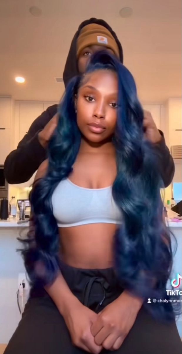 Blue Frontal Dark Skin, Midnight Blue Wig Black Women, Dark Blue Side Part Wig, Blue Weave Black Women, Mid Night Blue Wig, Navy Blue Frontal Wig, Jayda Wayda Blue Hair, Dark Blue Wig Black Women, Blue Half Up Half Down Wig